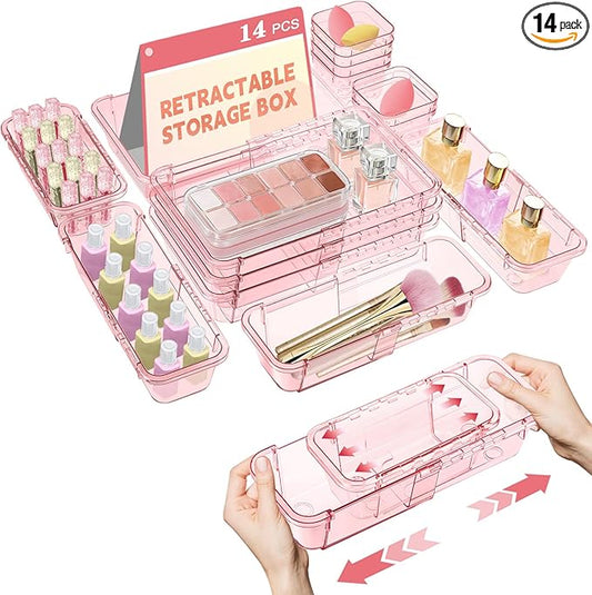 14 Pcs Clear Drawer Organizer, Adjustable Drawer Storage Box, 3-Size Desk by Hiitytin