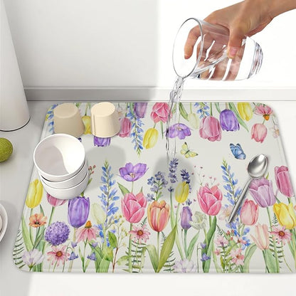 Spring Floral Dish Drying Mat for Kitchen Counter Easter Tulip Lavender Flower - Image 6