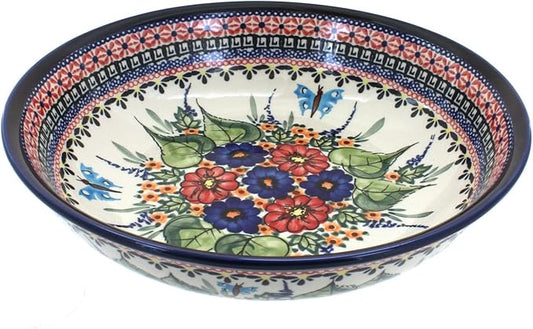 Blue Rose Polish Pottery - Red Floral Butterfly Large Salad Bowl - 9.75" Diameter - Great Bowl for Salad, Pasta, or Serving Guests