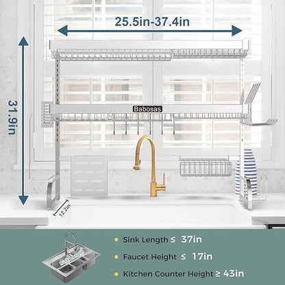 Over The Sink Dish Drying Rack, 3 Tier Adjustable Length Full Stainless Steel - Image 7