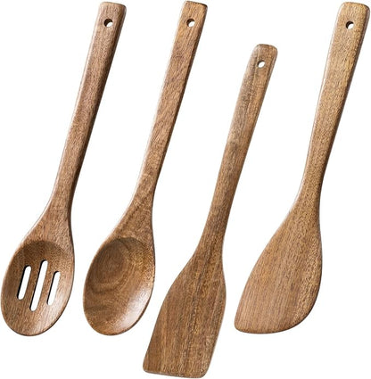Wooden Spoons for Cooking, 4-Piece Wood Utensil Set Includes Slotted Spoon by HEFILD