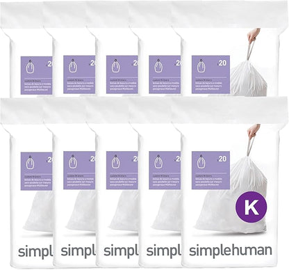 simplehuman Code K 200 Count Custom Fit Liners, Drawstring Kitchen Trash Bags by Simplehuman
