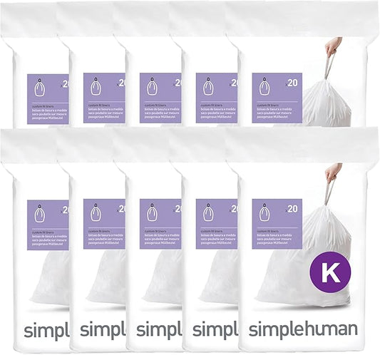 simplehuman Code K 200 Count Custom Fit Liners, Drawstring Kitchen Trash Bags by Simplehuman