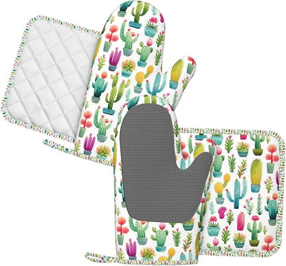 Oven Mitts and Pot Holders Set, Cactus Pattern Watercolor Silicone Kitchen - Image 2