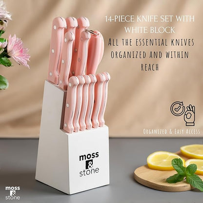Moss & Stone Pink 14 Pcs Knife Block Set Stainless Steel, Premium Forged - Image 5