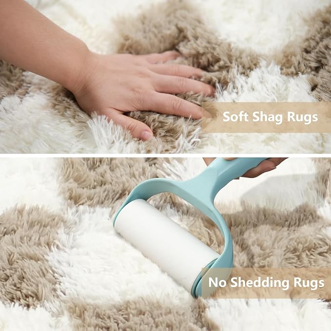 4x6 Checkered Area Rugs for Bedroom, Fluffy Beige and White Checkered Rug Fuzzy - Image 4