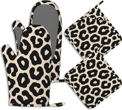 Black Leopard Print Pot Holders and Oven Mitts Set Silicone Cheetah Prints by BIGXIUKA