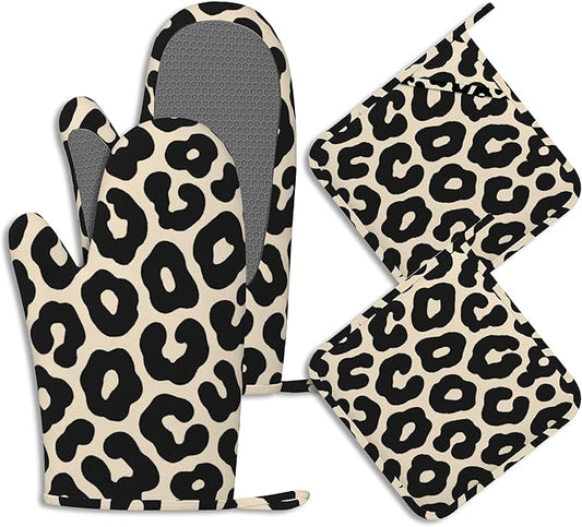 Black Leopard Print Pot Holders and Oven Mitts Set Silicone Cheetah Prints by BIGXIUKA