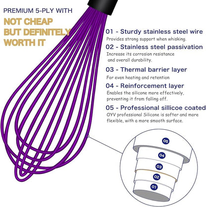 OYV Dishwasher Safe Purple Silicone Whisk, Sealed Waterproof Design Set of 3 - Image 3