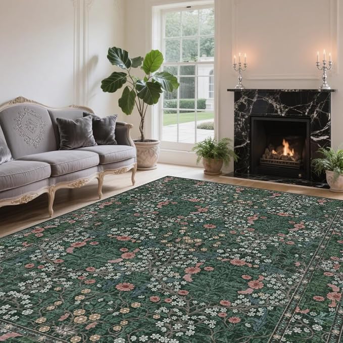 Vintage Green Living Room Rug, 8x10 Washable Area Rugs - Image 3