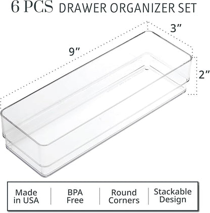 STORi SimpleSort 6-Piece Stackable Clear Drawer Organizer Set | 9" x 3" x 2" - Image 2