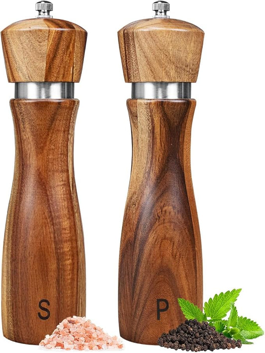 2 Pack Acacia Wood Salt and Pepper Grinder Set, Wooden Salt and Pepper Mill Set by Haomacro