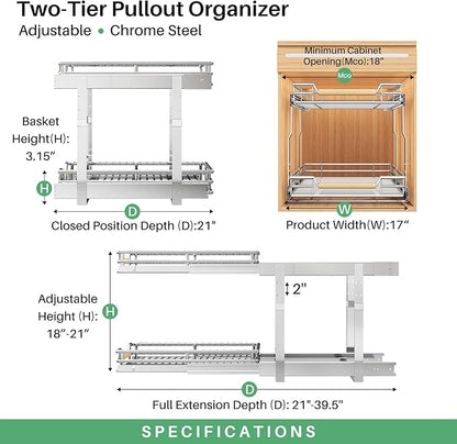 Pull out Cabinet Organizer, 2 Tiers 17"W X 21"D, Heavy Duty Smooth Sliding - Image 3