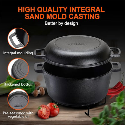 Overmont 2-in-1 Cast Iron Dutch Oven - 5QT Pre-Seasoned All-in-One Casserole - Image 8