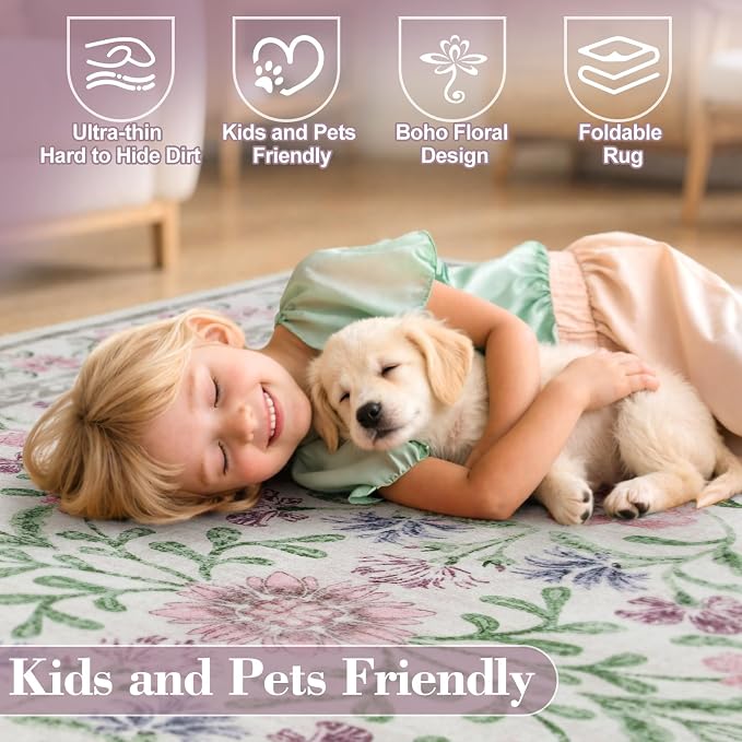 Wonnitar Floral Purple Round Area Rug 5ft, Soft Washable Kids Room Rug - Image 5