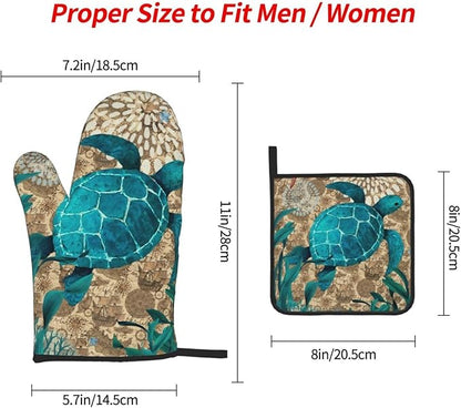 Retro Teal Nautical Oven Mitts and Pot Holders Sets, Sea Turtles Oven Gloves - Image 4