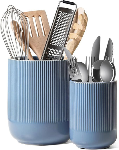 LE TAUCI Utensil Holder for Kitchen Counter, 7.3"+5.4" Fluted Ceramic Utensil by LETAUCI
