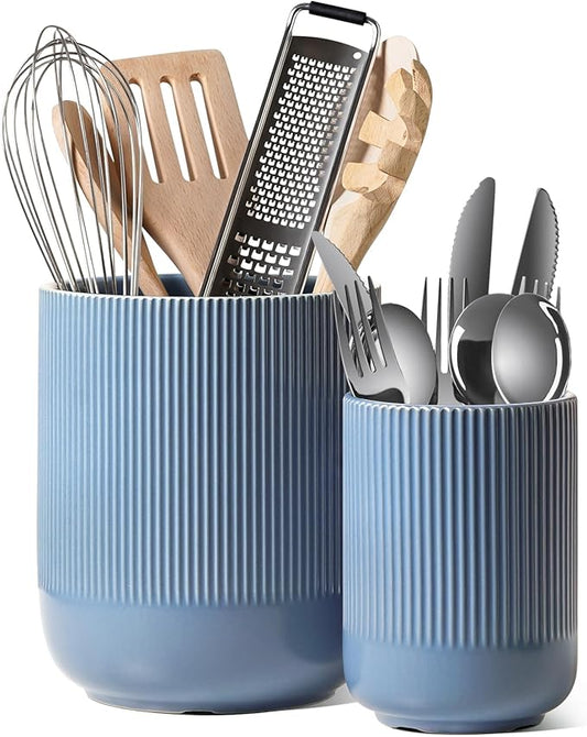 LE TAUCI Utensil Holder for Kitchen Counter, 7.3"+5.4" Fluted Ceramic Utensil by LETAUCI