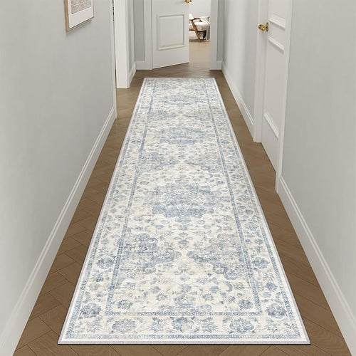 2x10 Washable Neutral Runner Rug Blue Vintage Hallway Kitchen Carpet Non-Slip by WondRg