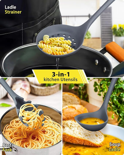 3 Pcs Silicone Kitchen Utensils Set, Soup Ladle-Pasta Fork-Slottede Spoon - Image 7