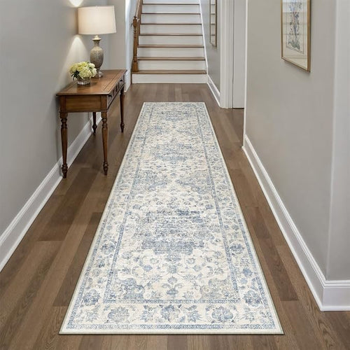 2x8 Washable Neutral Runner Rug Blue Vintage Hallway Kitchen Carpet Non-Slip by WondRg