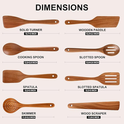 8 Pcs Best Non Toxic Kitchen Utensil Set Teak Wooden Cooking Spoons Nonstick - Image 4