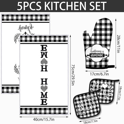 5 Pieces Buffalo Plaid Kitchen Towels Oven Mitts and Pot Holder Set Black and - Image 2