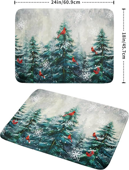 Pine Tree Dish Drying Mat for Kitchen Countertop Red Bird Dishes Mats Winter - Image 2
