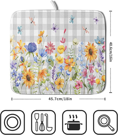Giwawa Spring Floral Dish Drying Mat, Summer Flower Grey Buffalo Plaids Dish - Image 2
