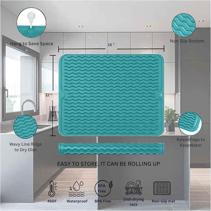 Silicone Drying Mat 16 × 12 – Teal Green Non-Slip Sink Mat - Image 2