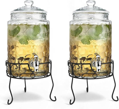 2 PACK 1.5 Gallon Drink dispenser, Classic Hammered Glass Beverage Dispenser by MosJos