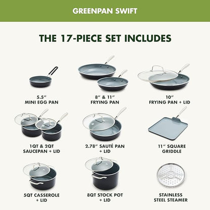 GreenPan 17 Piece Nonstick Swift Cookware Set, Ceramic PFAS-Free Pots & Pans - Image 3