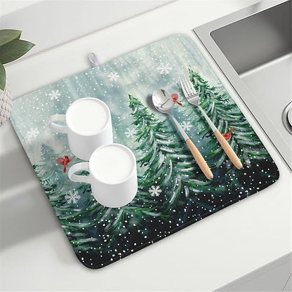 Welcome Winter Pines Tree Dish Drying Mat, Winter Snowflake Dish Drying Mat - Image 8