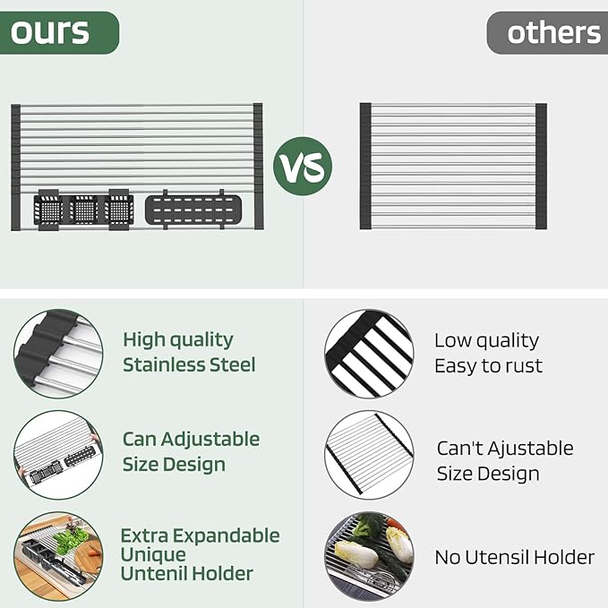 Black Expandable Roll Up Dish Drying Rack Up to 22.8''with 2 Storage Baskets - Image 4