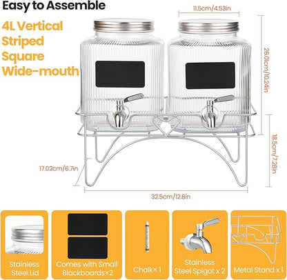 Lulonpon 2 x 4L Glass Drink Dispenser, Beverage Dispenser - Image 3