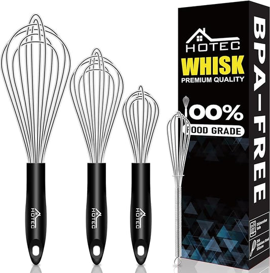 HOTEC 4 Pieces Stainless Steel Whisks Set, Wire Balloon Whisks Egg Beater by Hotec