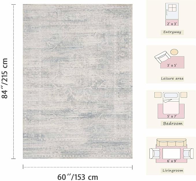 Latte&Fog Washable Area Rugs 6x9, Vintage Blue Rugs - Image 2