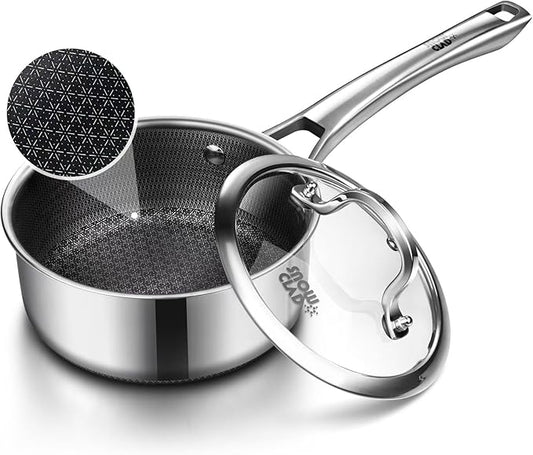 Sauce pan with lid, 2.5 Quart Hybrid Nonstick Sauce pans set, Stainless Steel by SNOWCLAD