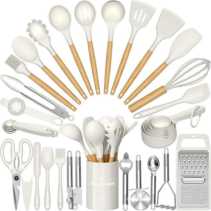 Umite Chef Silicone Kitchen Utensil Set, Cream White Wood Handles by UmiteChef