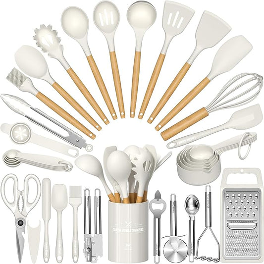 Umite Chef Silicone Kitchen Utensil Set, Cream White Wood Handles by UmiteChef