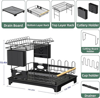 2-Tier Dish Rack with Drainboard: Large Capacity Anti-Rust Kitchen Counter - Image 3