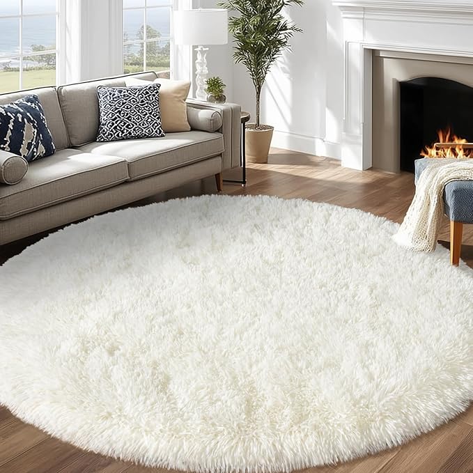 Round White Rug for Bedroom, 6 ft Circle Area Rugs for Living Room, Soft Fluffy - Image 2