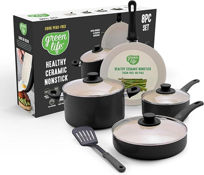 GreenLife 8 Piece Nonstick Cookware Set, Non-Toxic PFAS-Free Ceramic Pots & Pans by GreenLife