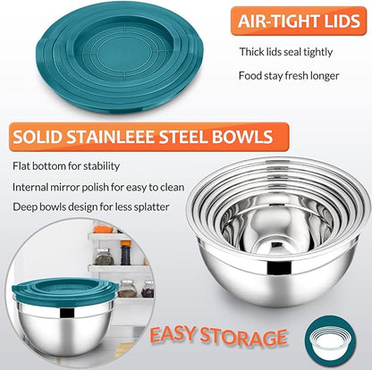 E-far Mixing Bowls with Teal Blue Lids Set of 5, Stainless Steel Mixing Bowls - Image 3