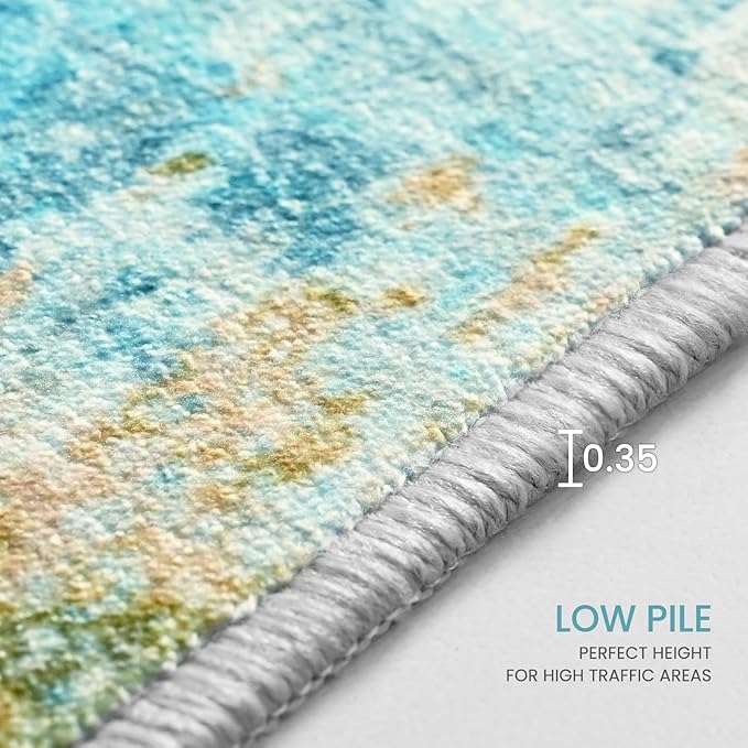 Area Rug 4x6 Teal Blue Rug Washable Boho Rugs Non Slip Low Pile Abstract Small - Image 8