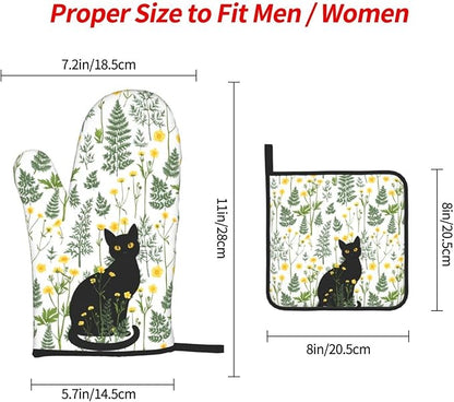 Black Cat Wildflower Hot Pads and Oven Mitts Set of 3, Spring Summer Plants - Image 4