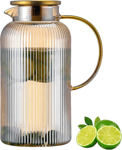 Buaic Glass Pitcher with Lid, 84oz/2.5 Liter Amber Classic Vertical Stripes by Buaic