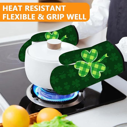 Green Clover Oven Mitts and Pot Holders Sets 4Pcs, Extra Long Oven Gloves - Image 6