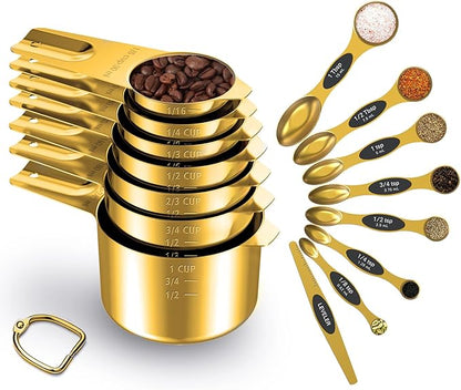 Gold Measuring Cups and Spoons Set of 15, 18/8 Stainless Steel, Includes 7 by LIFETOWE