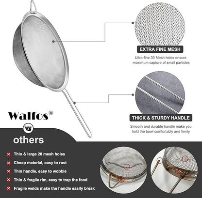 Walfos 9.35 Inch Large Fine Mesh Strainer, Stainless Steel 30 Mesh Sieve - Image 7